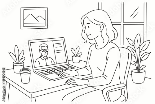 Video Conference at Home Line Art Illustration