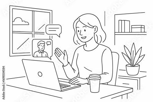 Remote Work and Video Call Line Art Illustration