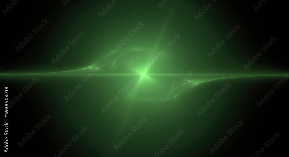 Fototapeta premium Luminous green light ray piercing through a dark, mysterious space, generating soft, ethereal fractal patterns and a glowing horizon.