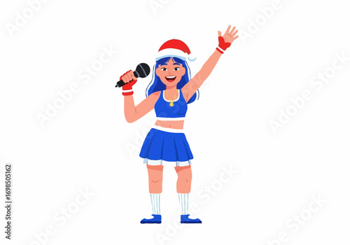 Energetic Christmas cheerleader singing with microphone and raised hand, on white background.
