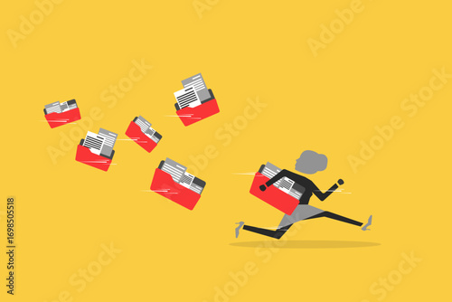 Business woman holding big files folder, concept of Communication problem or overload, too many folders