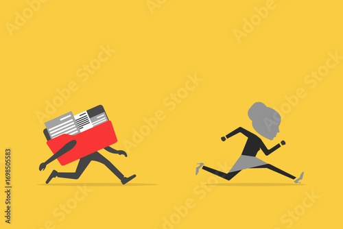 Business woman run away from of files folders. Communication problem or overload, too many folders