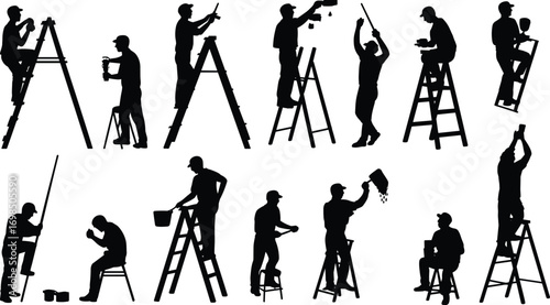 Silhouettes of workers on ladders, construction and repair, maintenance professionals, manual labor, industrial work, safety equipment, teamwork, tool usage, various poses