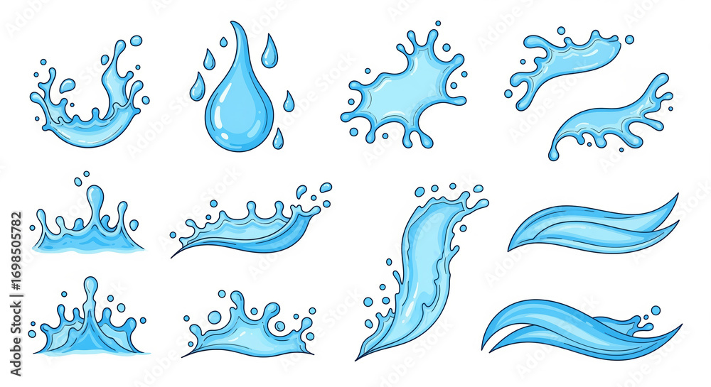 Fototapeta premium A vibrant collection of blue water splashes, aqua liquid drops, flowing waves, and dynamic transparent water motions.