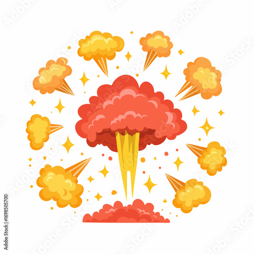 Explosion set. Cartoon dynamite or bomb explosion, fire. Boom clouds and smoke element. Dangerous explosive detonation, Atomic bomb explosion.