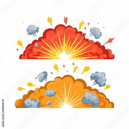 Explosion set. Cartoon dynamite or bomb explosion, fire. Boom clouds and smoke element. Dangerous explosive detonation, Atomic bomb explosion.