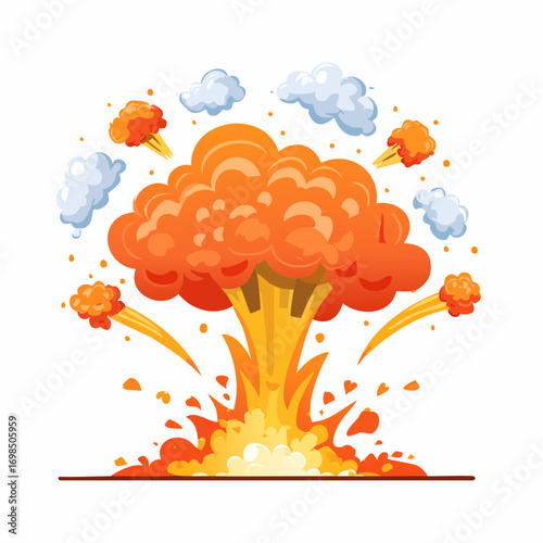 Explosion set. Cartoon dynamite or bomb explosion, fire. Boom clouds and smoke element. Dangerous explosive detonation, Atomic bomb explosion.