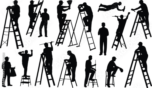 Silhouettes of workers on ladders, maintenance and repair, construction professionals, various poses, manual labor, teamwork, safety, industrial work concept