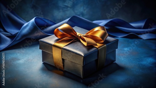 A Luxurious Dark Gift Box with a Golden Ribbon Bow, Elegantly Presented on a Deep Blue Satin Fabric