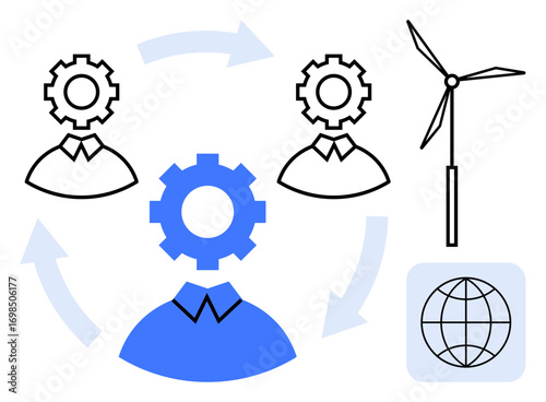 Three gear-headed figures connected in a workflow cycle, wind turbine, and globe. Ideal for team collaboration, sustainable energy, technology, global network, innovation, teamwork simple flat