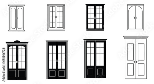 various styles of doors illustrated in black and white