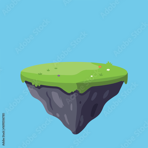 Cartoon floating island with grass and flowers on a blue backdrop