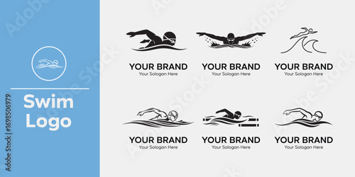 Swim-themed logos showing swimmers in various strokes and water elements, with a swimmer icon on the left