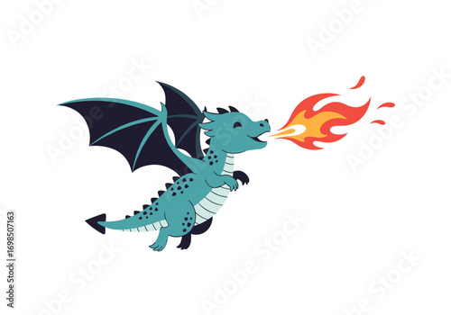 Cute blue dragon breathing fire in flight on white background
