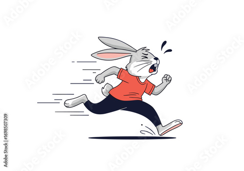Frightened rabbit running fast in a panic chased by something unknown