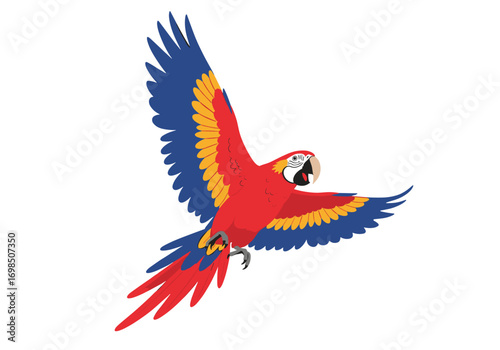 Vibrant scarlet macaw parrot soaring through the air with majestic wings extended