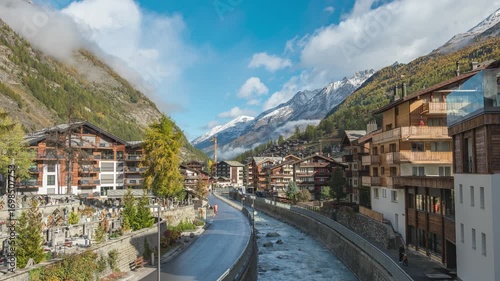 Zermatt Switzerland time lapse mountain city skyline and Matter Vispa Gornera River in autumn season