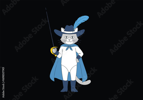 Animated white cat dressed as a swashbuckling swordsman with blue cape and hat