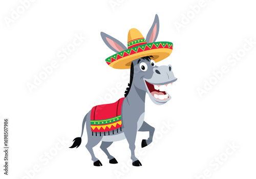 Happy donkey wearing sombrero festive mexican animal character