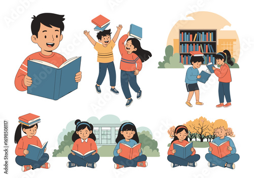 Children reading books enjoying knowledge and learning outdoors and indoors