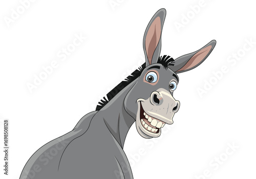 Humorous animated donkey grinning with big teeth and ears perked
