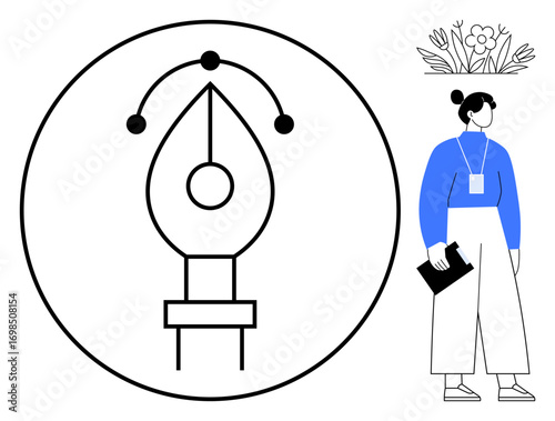 Pen tool in circle for digital creation, alongside figure holding clipboard. Ideal for design, creativity, innovation, art, digital tools, learning content concepts. Simple flat metaphor