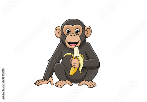 Cute cartoon monkey eating a banana on a white background