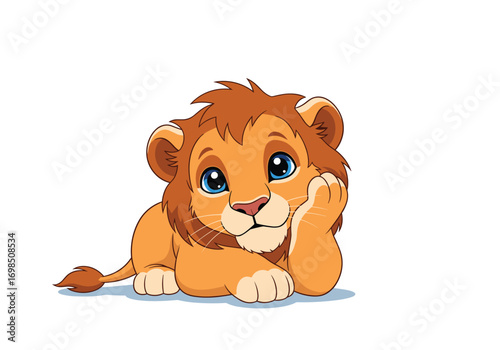 Adorable cartoon baby lion cub resting its head and looking dreamy