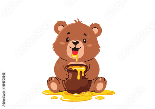 Cute cartoon bear enjoying a delicious pot of sweet honey