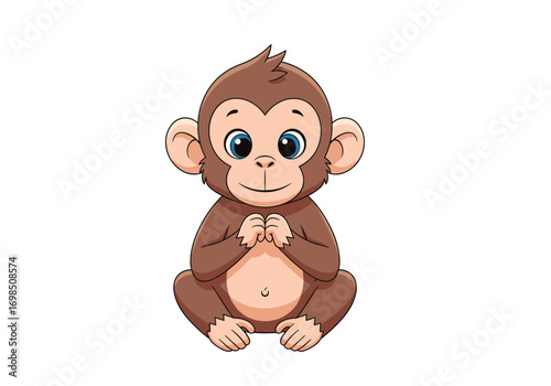 Adorable baby monkey sitting with cute eyes and clasped hands