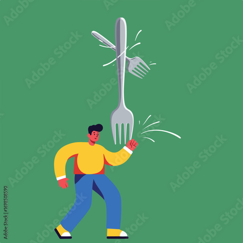 Fork Power Man Confronts Utensils