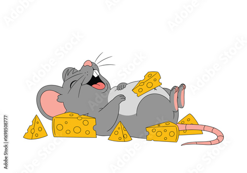 Happy cartoon mouse feasting on delicious cheese chunks enjoying a cheesy meal