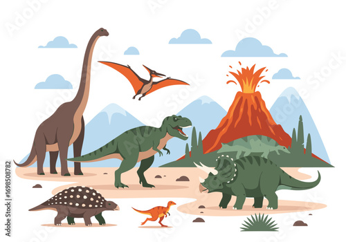 Prehistoric dinosaur landscape featuring various extinct reptiles and volcano