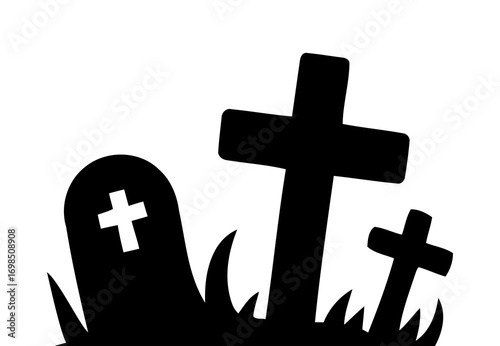 cross in the graveyard. Silhouette of a graveyard with crosses and tombstone