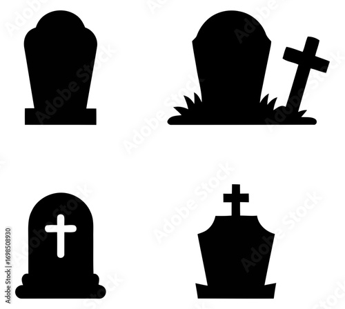 silhouette tombstones and gravestones in a cemetery. set of vector icons
