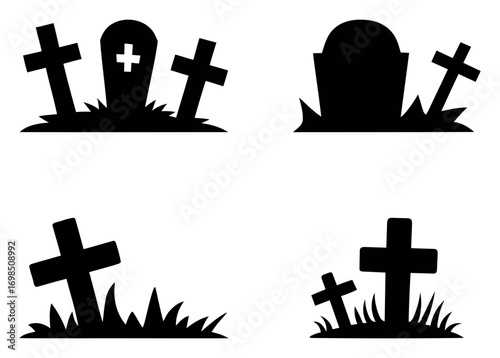 Silhouette gravestones and crosses on white background. set of crosses with cemetery