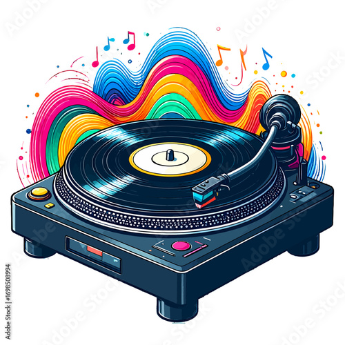 Vibrant illustration of a turntable playing a vinyl record with colorful, abstract sound waves emanating from it.