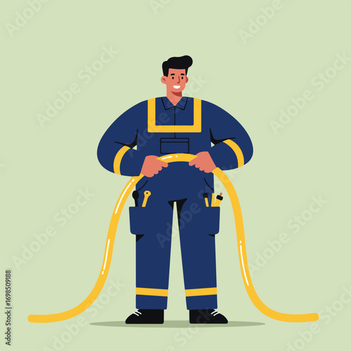 Person in blue uniform holding a yellow hose with tools on pocket