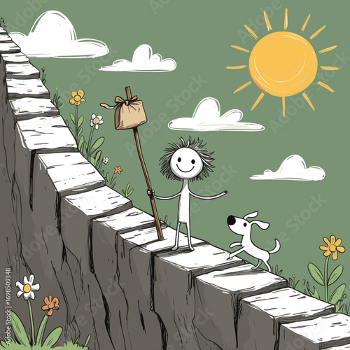 Stick figure walking with dog while carrying a bag on sunny path. Major Arcana Tarot 0 Jester     