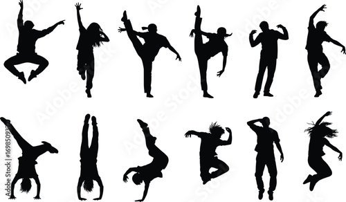 Silhouettes of diverse dancers performing dynamic hip-hop, breakdance, and street dance moves, energetic expressions, modern urban culture, creative movement, youthful dance lifestyle illustration
