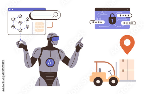Robot interacting with logistics data, secure passwords, and maps with pinpoint location. Ideal for technology, robotics, automation, logistics, cybersecurity digital AI innovation. Simple flat