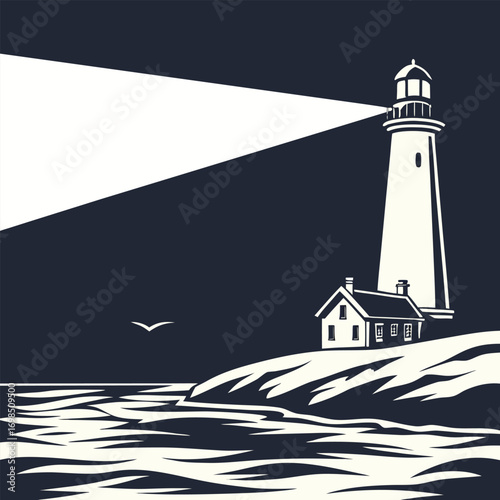 a lighthouse stands by the sea casting light over waters