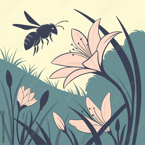 a bee hovers near delicate flowers in a serene garden scene