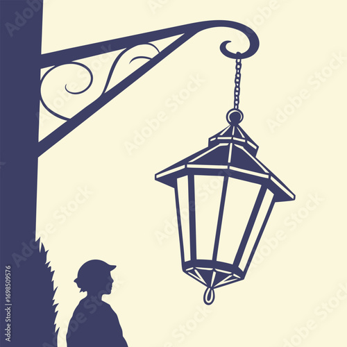 a vintage lantern hanging by ornate bracket near shadowy figure