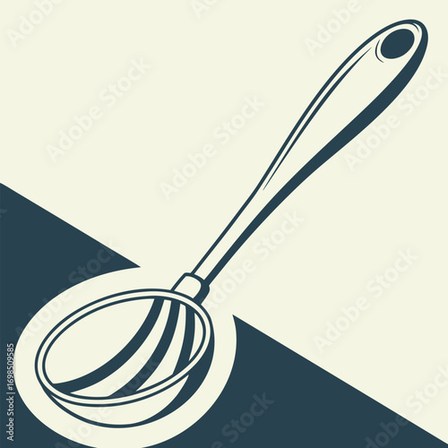 a metal whisk resting on a white plate against blue background