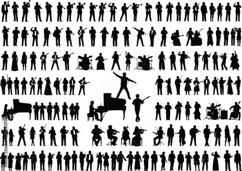 Silhouettes of diverse musicians playing instruments, orchestra performance, singers, guitarists, pianists, drummers, violinists, live concert, band on stage, artistic black vector design