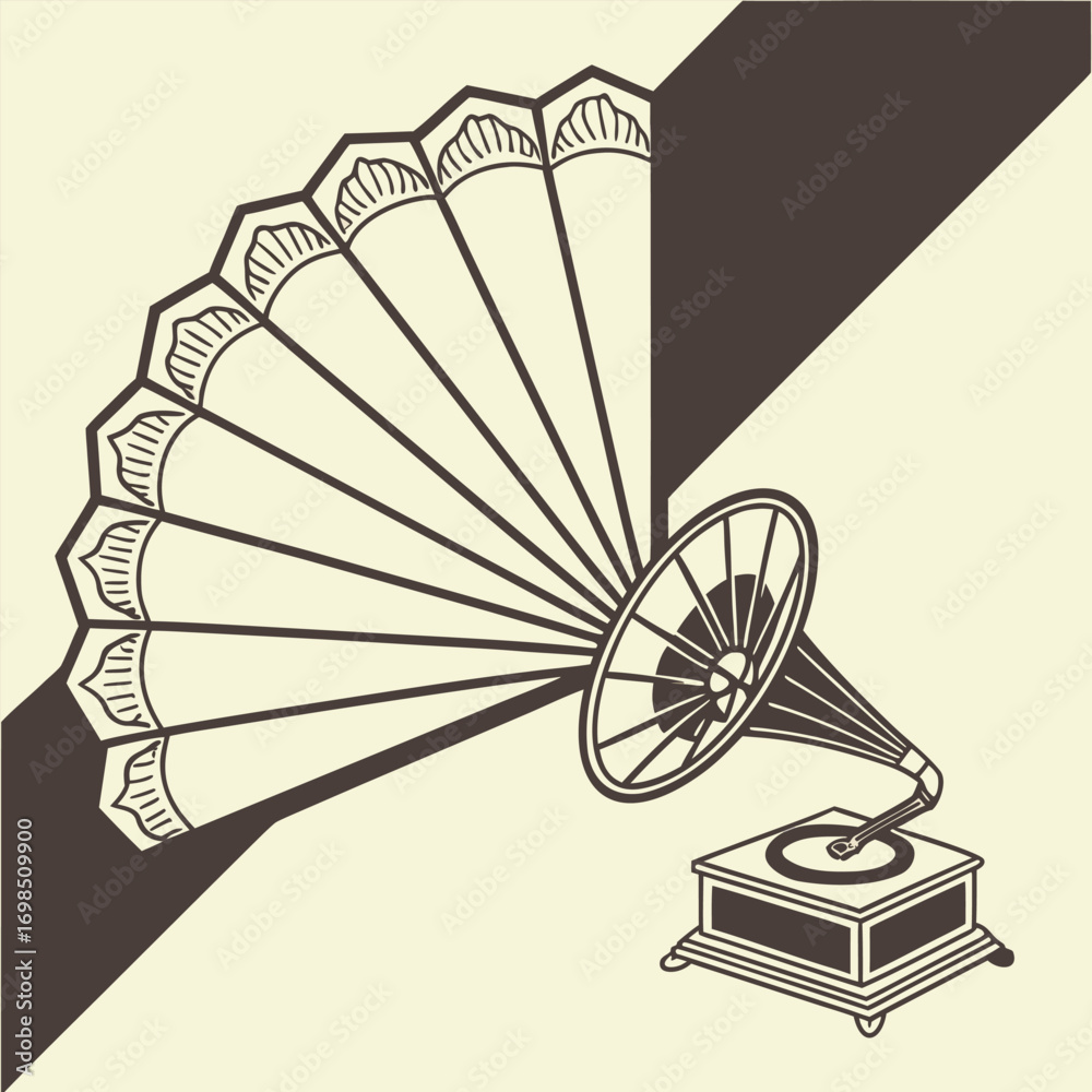Obraz premium vintage gramophone with decorative fan against geometric background