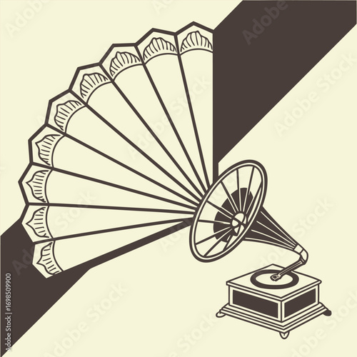 vintage gramophone with decorative fan against geometric background