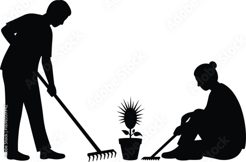 Silhouettes of two people gardening with rakes, caring for potted plant, outdoor activity, teamwork, nature, planting, relaxing, black vector illustration on white background