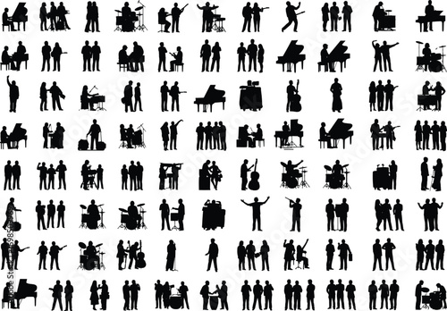 Silhouettes of musicians playing instruments, people singing, music band performing, various instruments, concert scene, black vector figures, live music performance, artistic design